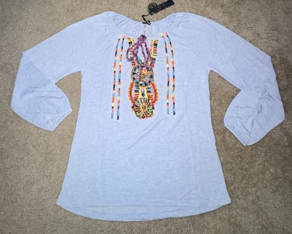 Poof Women’s M Blue Embroidered Beaded Peasant Blouse Boho Long Sleeve NEW NWT